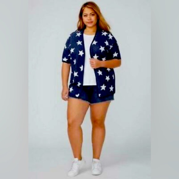 Lane Bryant Star Print Patriotic Short Sleeve Open Front Cardigan 14/16 - Picture 1 of 7